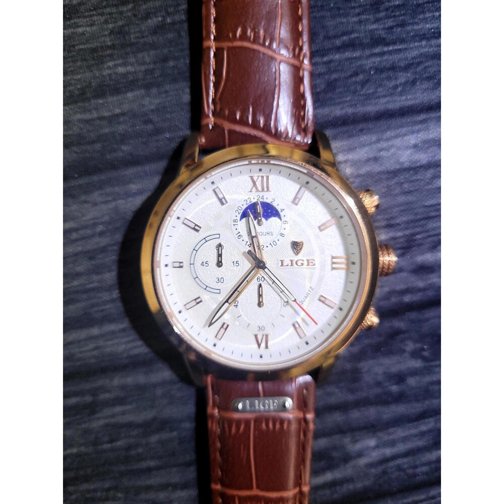 Vintage NOS Lige Mens Chronograph Moon‎ Phase Watch L8932